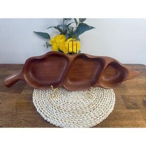 Vintage Monkey Pod Wood Divided Serving Tray MCM Snack Dish Handled Platter